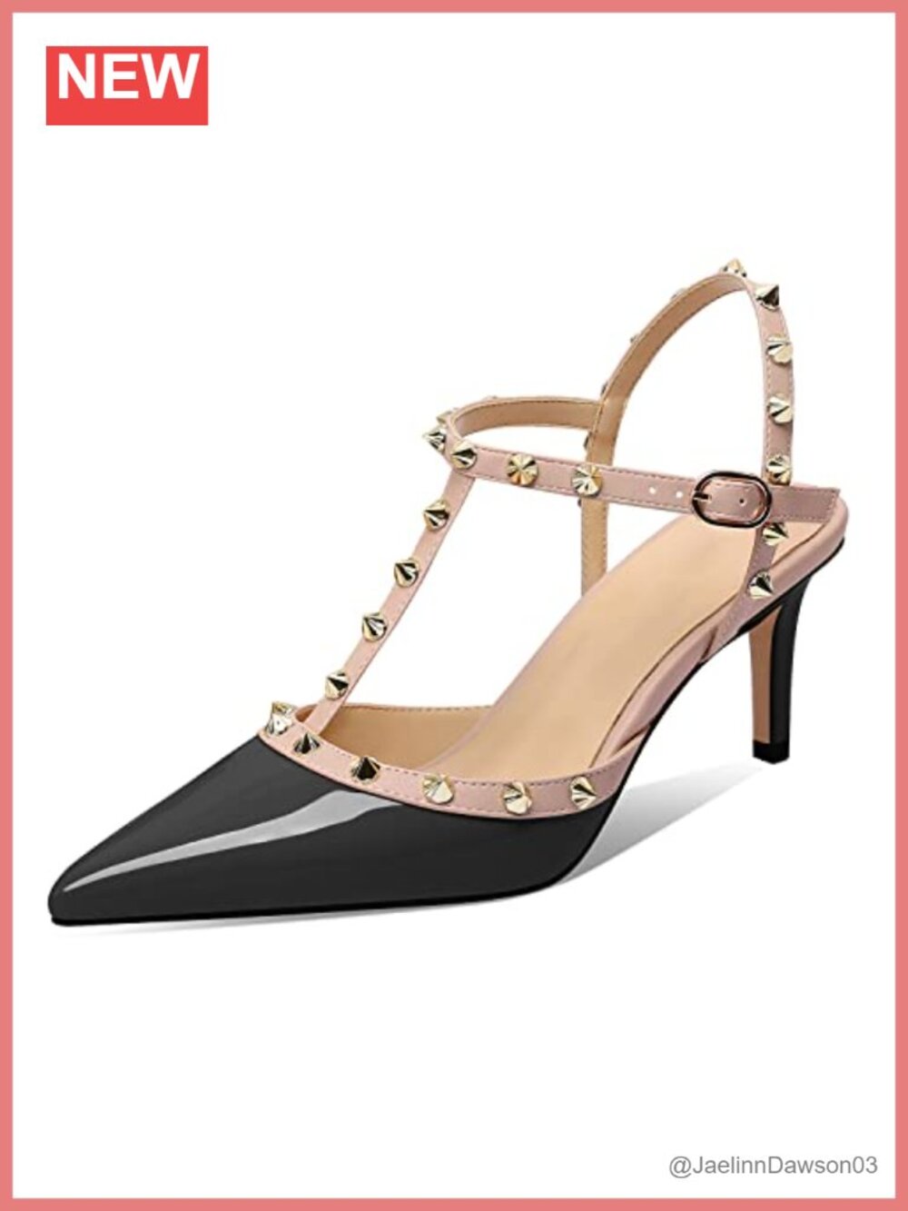 Studded Kitten Heels Pointed Toe Patent Leather Ankle Strap Sandals
